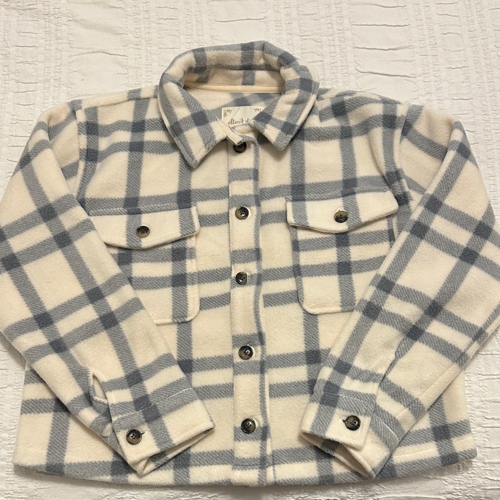 Altar'd State Cream and Gray Plaid Fleece Shacket